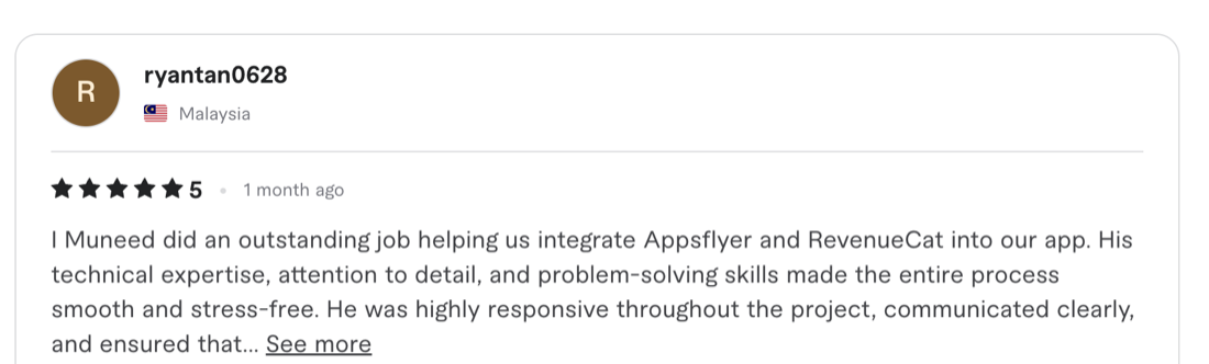 Verified 5-star client review from Fiverr / Upwork