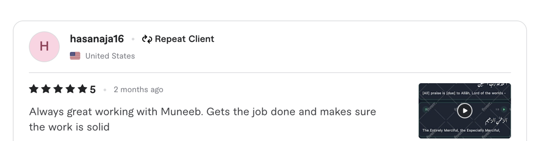 Verified 5-star client review from Fiverr / Upwork