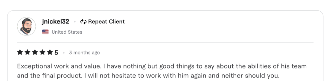 Verified 5-star client review from Fiverr / Upwork