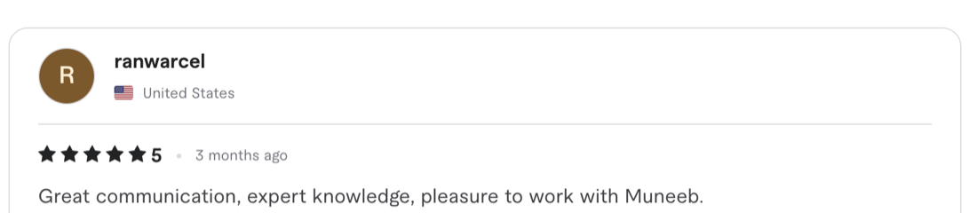 Verified 5-star client review from Fiverr / Upwork