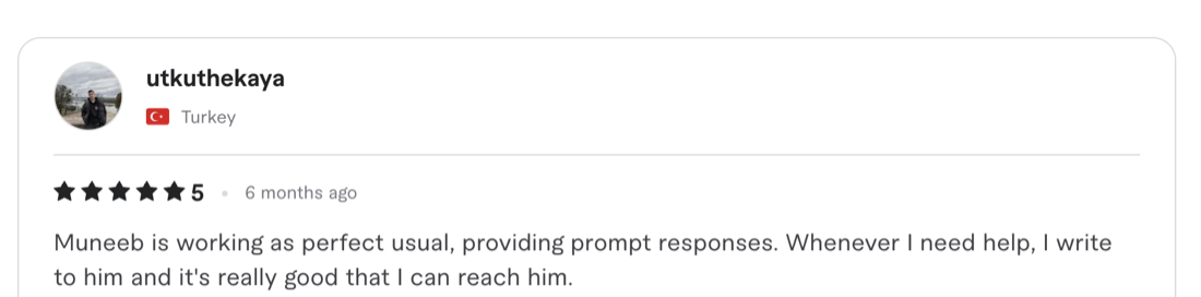 Verified 5-star client review from Fiverr / Upwork